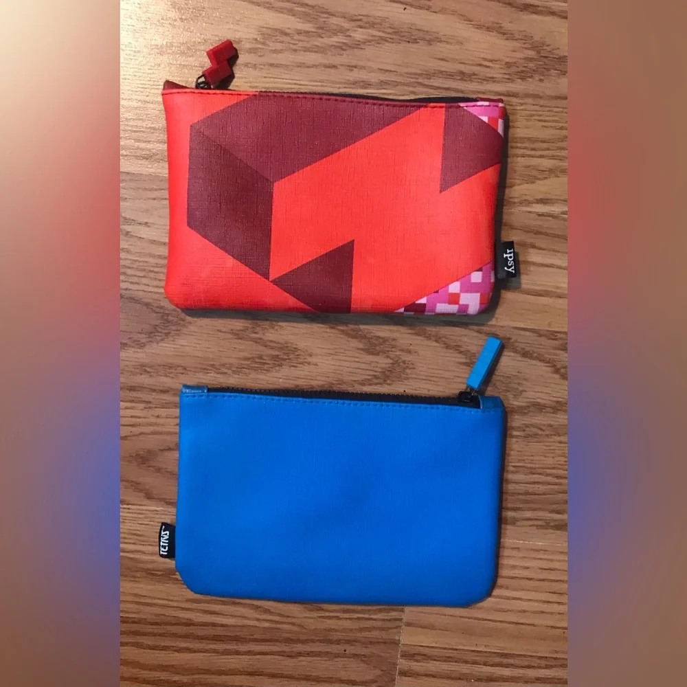 Set of 2 Ipsy Tetris Makeup Cosmetic Pouch Bags Blue & Red Zip close